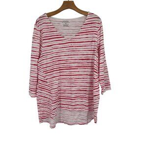 Chicos The Ultimate Tee V-Neck Striped Top Size large L Cotton blend pink